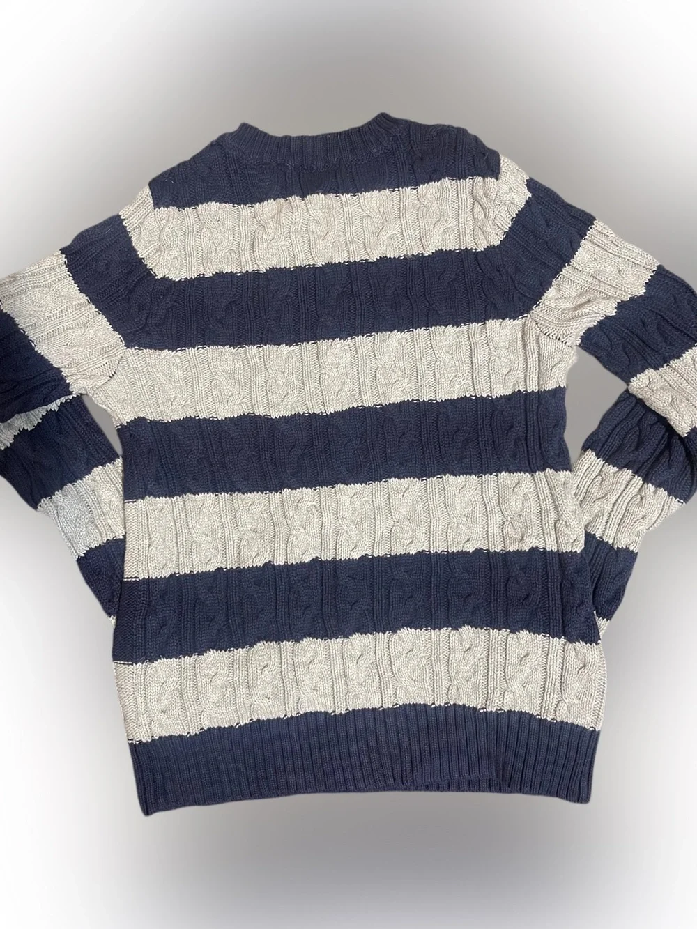 VNTG JEANNE PIERRE Navy & Light Grey Cable Knit Sweater with Shoulder Buttons